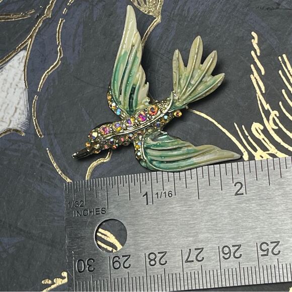 Vintage Sparkling AB Crystal Green and Gold Enamel Bird Brooch D3 - Picture 7 of 7